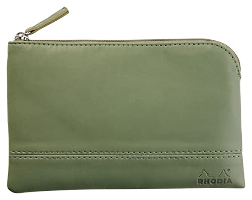 RHODIA 116532C - Faux Leather Zippered Pouch - Sage - Size S (11 x 17 cm) - Genuine Stitching - Orange Fabric Inside - Storage for Documents, Small Supplies