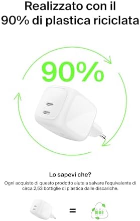 SmartProtect Caricatore USB C a 2 Porte 67W, Cavo USB C 2 m Incluso, Caricatore GaN con 2 Porte USB-C, Ricarica Rapida per MacBook, iPhone 17, iPad Pro, Chromebook, S25 Ultra, Pixel 10 - Bianco