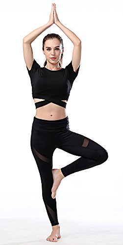 Campeak 2 Pack Women's Yoga Gym Crop Top Compression Workout Athletic Short Sleeve Tank T Shirt (Grey and Black, S = Tab M)