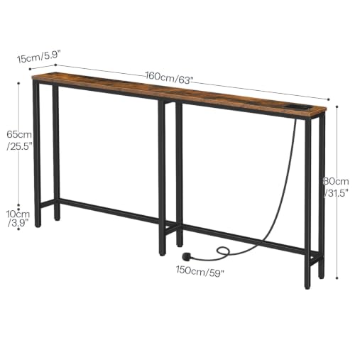 HOOBRO Extra Narrow Console Table with Power Outlets, Skinny Entryway Table for Living Room, 160 cm Slim Behind Couch Table, Thin Sofa Table for Hallway, Foyer, Rustic Brown and Black EBF165KXG01