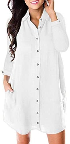 Honwenle Women V Neck Turn Down Collar Long Sleeve Button Down Pocket Casual Shirt Midi Dress