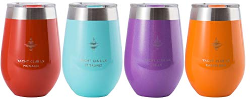 Yacht Club LX 12 oz Insulated Stemless Wine Glass Tumblers with Velvet Wrapped Pouches (Riviera Collection, Set of 4)