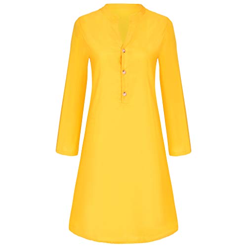 Winsummer Plus Size V Neck Button Down Tunic Dress Long Sleeve Loose Swing Casual Short T-Shirt Dresses Blouse Yellow