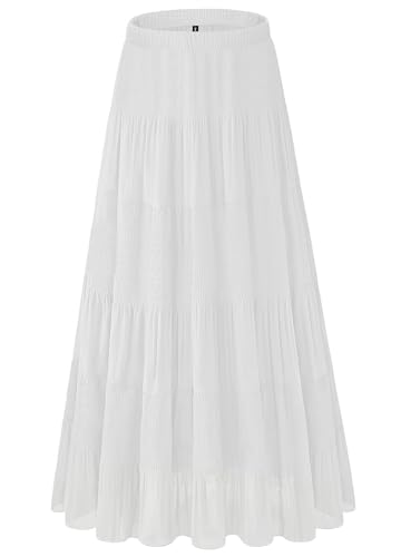 NiPaMi Women's Tiered Pleated Boho Coffee Flower Chiffon Fall Maxi Skirt Paired with Denim Vest Short Boots(White,S) at Amazon