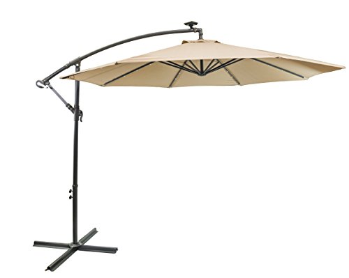 Sun-Ray 811044 10' Round Cantilever 8-Rib Offset Solar Patio Umbrella 24 LED Lights, Crank with Adjustable Tilt, Cross Base, Aluminum Frame, 10 ft, Taupe/Beige - Thumbnail 2