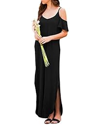 THANTH - Vestido de mujer con hombros descubiertos, manga corta, volantes, cuello en V, tirantes de espaguetis laterales, suelto, informal, con bolsillos