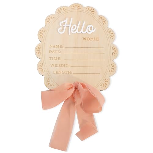 Girls Hello World Wood Sign - Newborn Birth Announcement Plaque, Scallop Edge Wooden Sign Disc, Hospital Name Welcome Baby Photo Props, Baby Shower Keepsake Gifts