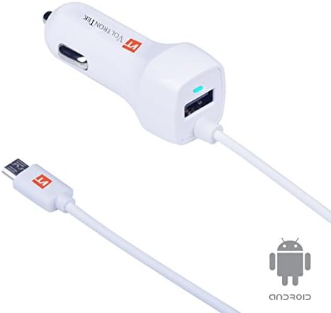 Micro USB Car Charger, VoltronTek Ultra Fast Travel Adapter with Extra Length Built-in Micro USB connector for Samsung Galaxy S7 S6 S5 S4 Galaxy Tab Note 5 4 3 2 Google Nexus 7 Extra USB Port (White)