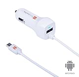 Micro USB Car Charger, VoltronTek Ultra Fast Travel Adapter with Extra Length Built-in Micro USB connector for Samsung Galaxy S7 S6 S5 S4 Galaxy Tab Note 5 4 3 2 Google Nexus 7 Extra USB Port (White)