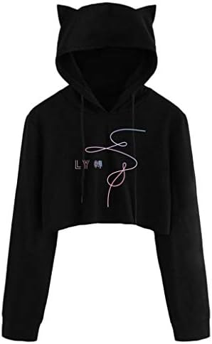 LifePavilion Fashion Hoodies BTS Kpop Long Sleeve Cropped Hoodies Sweatshirt Pullover Cat Ear Crop Tops for Women Girl