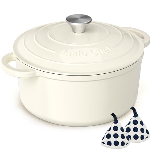 Enameled Cast Iron Dutch Oven - Umite Chef 5QT Pot with Lid & Cotton Potholders - Heavy-Duty Cookware for Bread Baking, Braising, Stews, Roasting(Cream White)