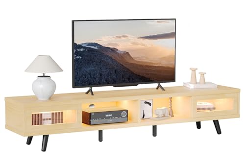 Bestier Mid Century Modern TV Stand for 75 inch TV, 70 inch TV Stand with Storage and Tempered Glass Sliding Doors, Low Profile TV Consoles, Stylish, LED Light, Modern, White Maple