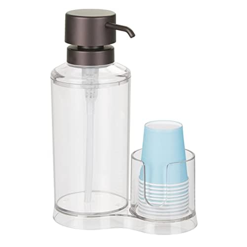 mDesign Transparent Pump Dispenser for Mouthwash - Ideal Aid for Oral Hygiene - Integrated Cup Holder for Cardboard and Plastic Cups - Plastic - Maximum Filling Capacity 581 Ml