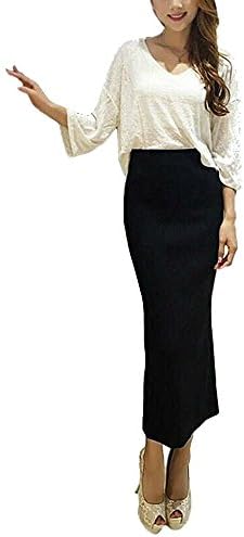 Usatisfy Women's Stretchy Knit Midi Skirt Bodycon Skirts with Elastic Waist Band and Slit