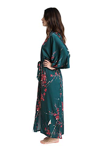 Old Shanghai Women's Kimono Robe Long - Watercolor Floral, Cherry Blossom & Crane- Teal, One Size. - Thumbnail 4