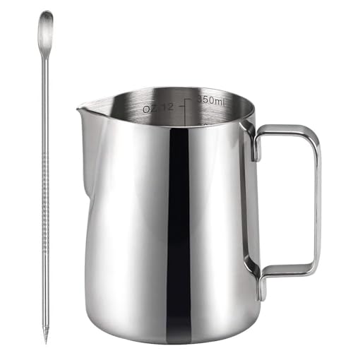 MXHIGO Jarra para Espumar Leche con Línea de Escala Interior y Latte Pen, 350ml/12oz Taza Jarra de Vapor Exprés de Acero Inoxidable, Perfecta para Cafetera Espresso, Barista, Latte, Capuchino, Café