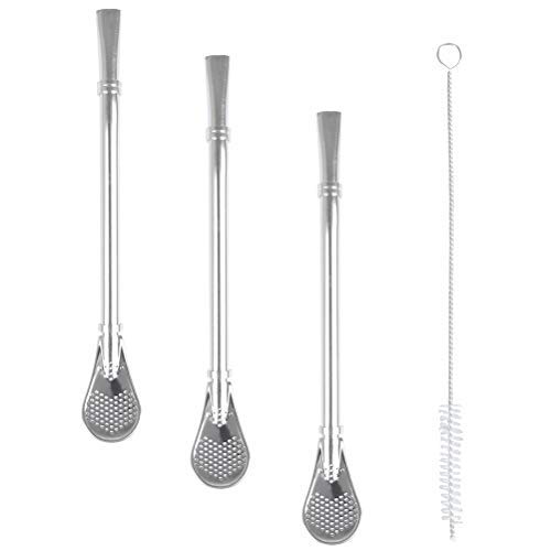 FOCCTS Reusable Bombillas Straws, 3 Packs Yerba Mate Tea Stainless Steel Drinking Straws Spoon Straws, with Cleaning Brush Nice Gift for Your Friends & Family