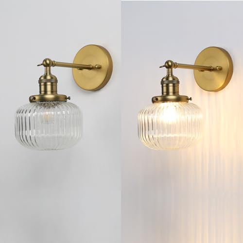 Permo Classic Vintage Wall Lamp Indoor Wall Light Fixture with Clear Globe Ribbed Glass Shade for Bedroom Living Room (Antique)