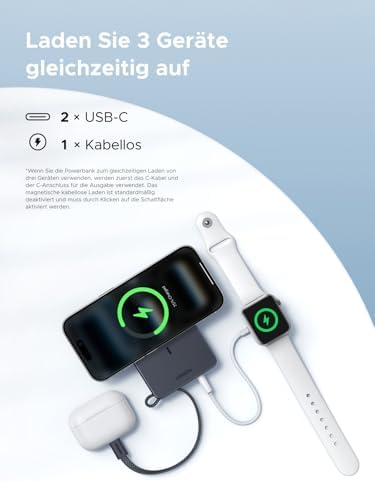 MagFlow 10000mAh Qi2 25W Powerbank Magsafe mit USB-C 30W, (Grau)