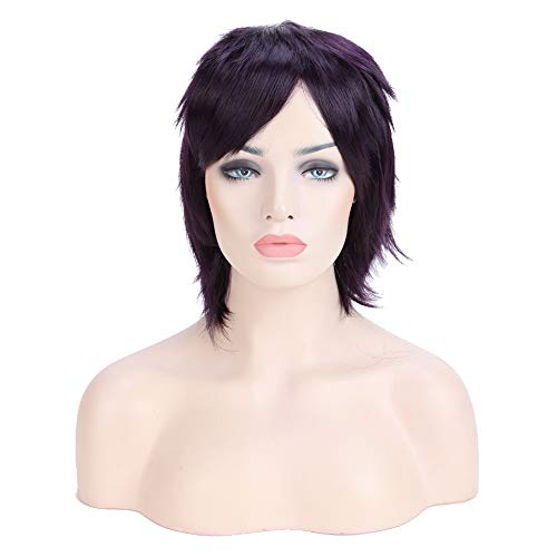 Anime Cosplay Synthetic Full Wig with Bangs 20 Styles Short Layered Fluffy Hair Oblique Fringe Full Head Unisex for Man and Women Girls Lady Fashion (Dark Purple)