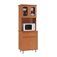 Hodedah Long Standing Kitchen Cabinet with Top & Bottom Enclosed Cabinet Space, One Drawer, Large Open Space for Microwave, Cherry