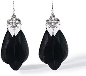 Dangle Feather Earrings Fantasy Swirl Fish Hook Pierced Ear Drop Boho Accessories (Black, Silver)