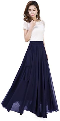 Sissily Women Summer Chiffon High Waist Pleated Big Hem Full/Ankle Length Beach Maxi Skirt(5XL/Navy Blue)