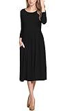 MooliDa Women Long Sleeve Midi Dress Plain Pleated Loose Swing Casual T-Shirt Dresses With Pockets