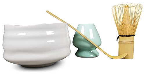 Matcha Tea Set with Matcha Bowl, Whisk and Stand for Traditional Japanese Tea Ceremony or Everyday Use by Princeton Wares. (Plum Blossum White)
