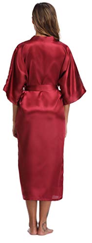 Womens Pure Color Long Satin Bathrobe Kimono Nightgown Long Dress Gown Burgundy