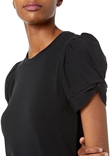 T-shirt à Col Rond et Manches Bouffantes, Coupe Classique Femme, Noir, S