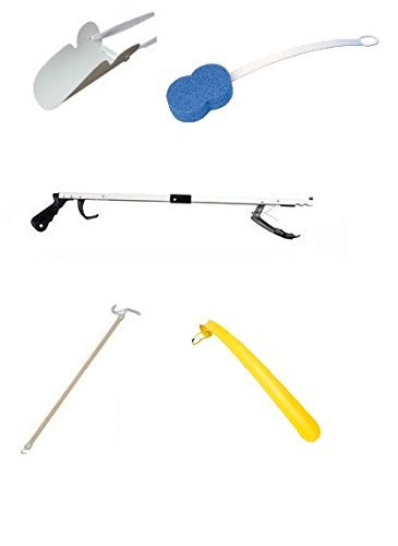 Easy Reach KIT - Includes 26" Folding Grabber, Sock Puller, Shoe Horn, Bath Sponge. Ideal for Hip Replacement Recovery.