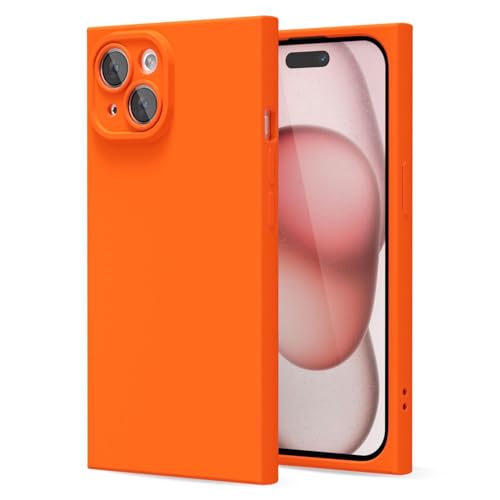 LoeoeL for iPhone 15 Case Silicone, Rectangle Edge Cute Y2k Phone Case for Women Girl, Thin Protective Aesthetic Girly Design Soft Rubber with Camera Cover, Neon Orange
