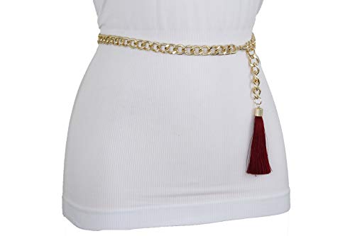 TFJ Women Fashion Dressy Belt Hip High Waist Gold Metal Chain Dark Red Tassel M L XL