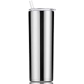 Gteller Double Wall 18/8 Stainless Steel Vacuum slim skinny tumbler with straw and lid, insulated travel mug keeping beverage cold and warm (Stainless steel, 20oz)