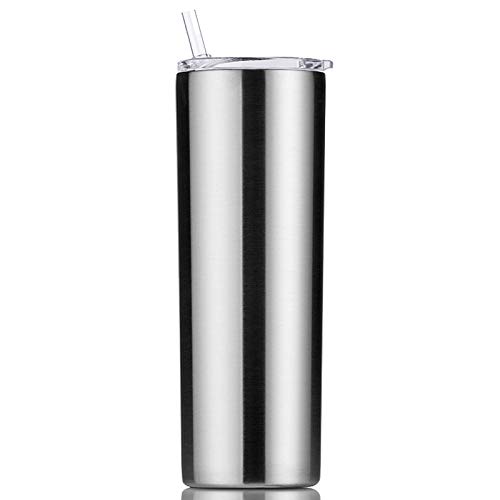 Gteller Double Wall 18/8 Stainless Steel Vacuum Slim Skinny Tumbler with Straw and lid, Insulated Travel Mug Keeping Beverage Cold and Warm (Stainless Steel, 20oz)