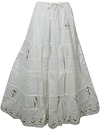 Women's Maxi Skirt White Cotton Gauze Embroidered Gypsy Skirts M