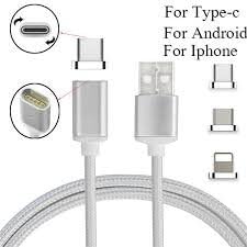 BEST 3 in 1 Magnetic Phone Charger Cable Android USB Lightning Type-C Data Syn Cord 3feet long with 3 Adapters for Android iPhone Devices Nylon Braided (Silver)