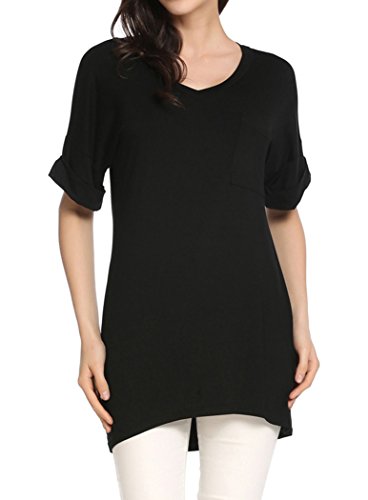 Locryz Women's Casual Basic V Neck T-Shirt Roll Over Short Sleeve Solid Comfy Tee Blouse Tops(L, Black)
