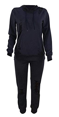 Womens 2 Pieces Outfits Long Sleeve Ripped Hooded Sweatshirt Tops Bodycon Long Pants Tracksuit Set Plus Size