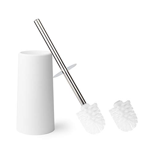 KEEGH Toilet Brush and Holder Modern Design Heavy Duty Stainless Steel Handle Compact Toilet Bowl Cleaner Set with Replacement Brush Head (White)