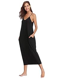 Abollria Vestido largo de verano con cuello en V y tirantes, informal, suelto, con bolsillos, vestido de noche