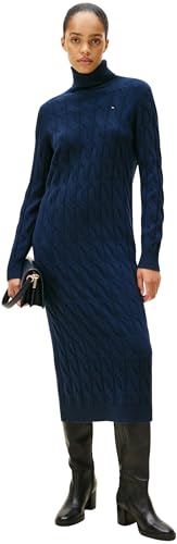 Tommy Hilfiger Vestido Tipo Jersey Soft Mujer Wool Cable con Cuello Vuelto, Azul (Dark Night Navy), XXS