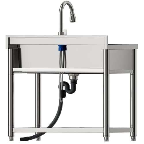 Vockol Large Stainless Steel Freestanding Sink, 90 cm Kitchen Sink with Pull Out Faucet, Freestanding Sink for Outdoor, Kitchen, Restaurant, Garage, Laundry Room, Jardi
