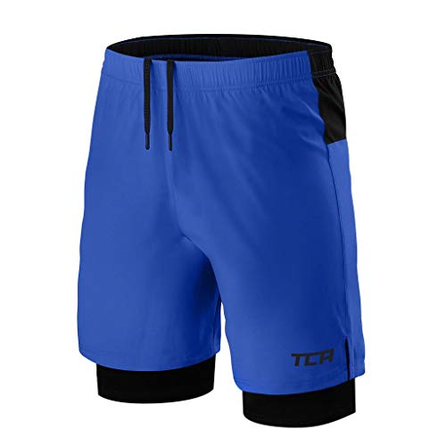 TCA Mens Ultra 2 in 1 Running Shorts with Inner Compression Short and Zip Pocket - Cobalt/Black, S