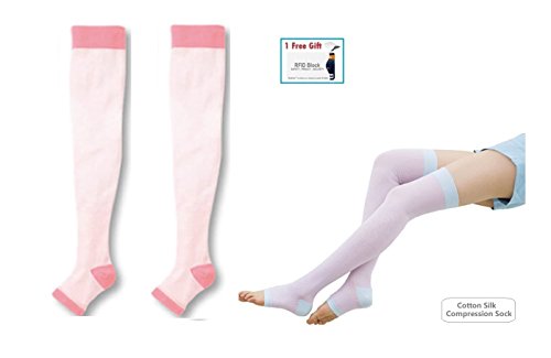 Yoga Sleep Therapeutic Thigh-high Compression Cotton/Silk Like Toeless Sock, Slimming Legs, Recovery Stocking - Reduce Legs Swelling, Fatigue & Pain (Small / Medium, Light Pink)