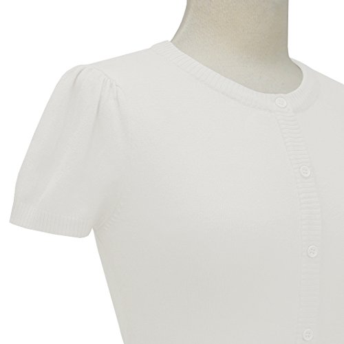 YEMAK Puffed Cap Sleeve Cropped Sweater Cardigan Crewneck VintageInspired CB0536-WHT-L