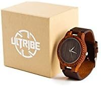 Ultribe Wooden Watch for Men with Japanese Quartz Movement Luminous Pointer Leather Strap Lightweight Vintage Wooden Wristwatch (Red Sandalwood)