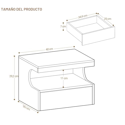 Hzuaneri Floating Bedside Table, U-Shaped Design, White | NS50103X Modern Hanging Shelf and 1 Drawer with Runners, Bedroom and Living Room, 30 x 40 x 29.2 cm