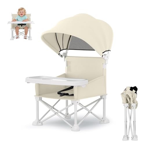 Portable Baby Chair, Foldable Toddler Booster Seat, with Removable Tray, Canopy and Safety Harness, Baby Sit up Chair, Portable Seat for Kitchen Chair (Beige)